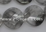 CCQ275 15.5 inches 25mm faceted & twisted coin cloudy quartz beads