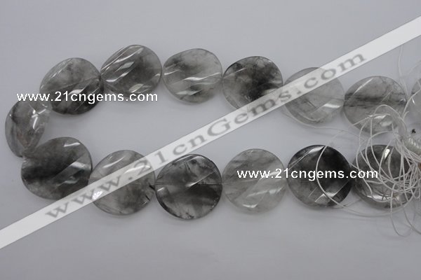 CCQ276 15.5 inches 30mm faceted & twisted coin cloudy quartz beads