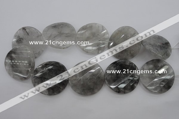 CCQ277 15.5 inches 40mm faceted & twisted coin cloudy quartz beads