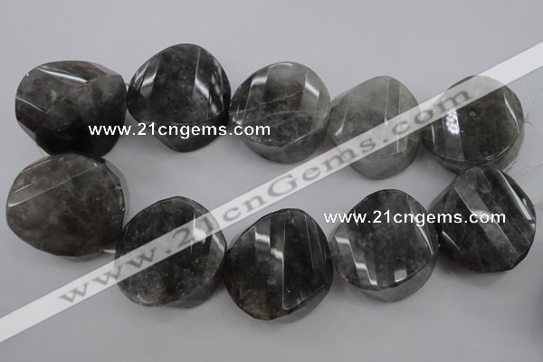 CCQ298 15.5 inches 20*38*40mm faceted & twisted coin cloudy quartz beads