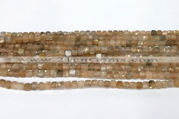 CCU1011 15 inches 4mm faceted cube sunstone beads