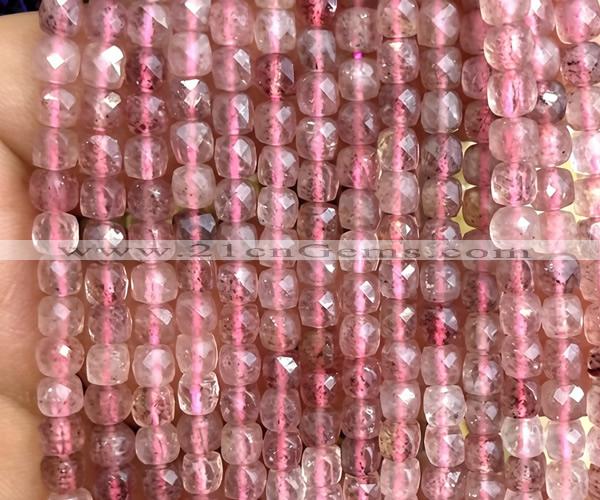 CCU1808 15 inches 4mm faceted cube strawberry quartz beads