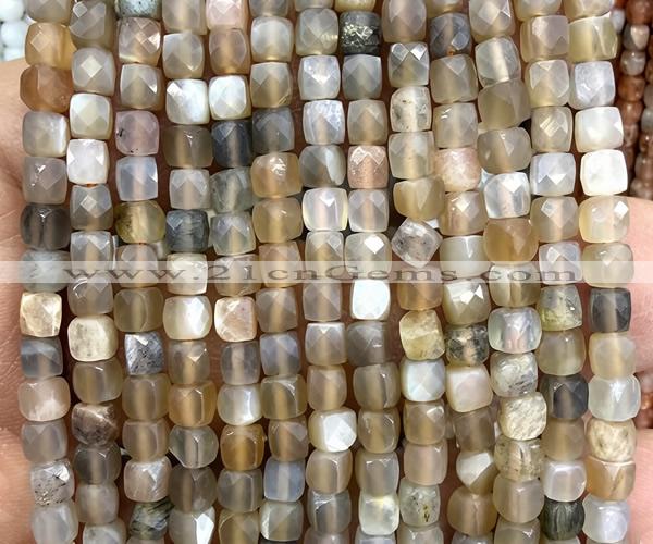 CCU1831 15 inches 4mm faceted cube rainbow moonstone beads