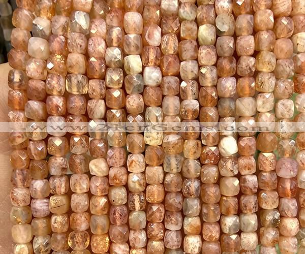 CCU1834 15 inches 4mm faceted cube golden sunstone beads