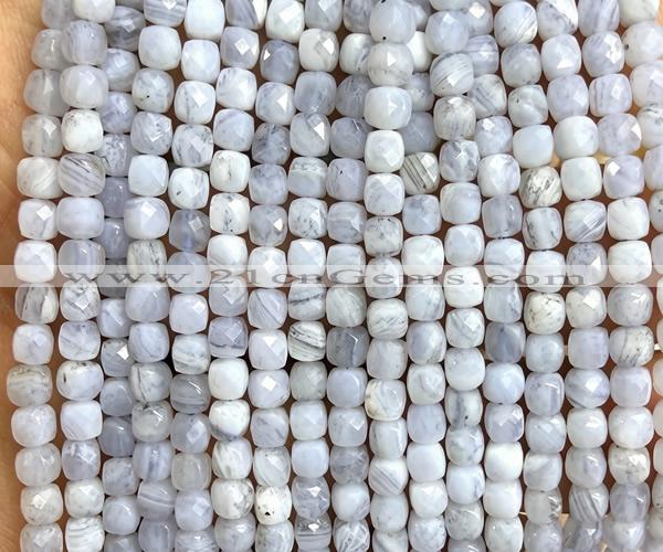 CCU1885 15 inches 4mm faceted cube blue lace agate beads