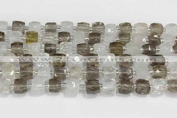 CCU751 15 inches 8*8mm faceted cube white crystal & smoky quartz beads