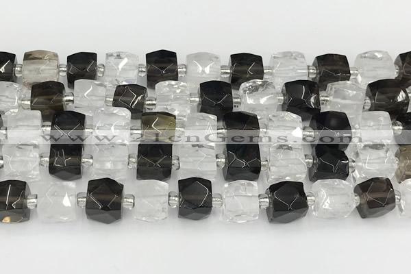 CCU771 15 inches 10*10mm faceted cube white crystal & smoky quartz beads