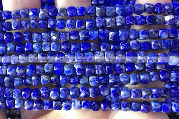 CCU816 15 inches 4mm faceted cube lapis lazuli beads