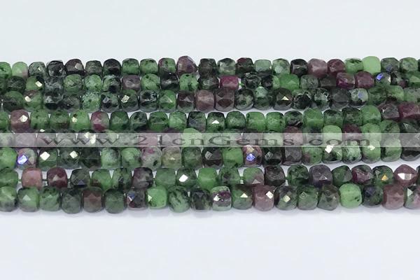 CCU864 15 inches 6mm faceted cube ruby zoisite beads