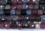 CCU890 15 inches 4mm faceted cube ruby sapphire beads