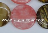 CCY214 15.5 inches 30mm flat round volcano cherry quartz beads