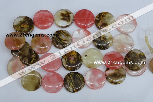 CCY214 15.5 inches 30mm flat round volcano cherry quartz beads