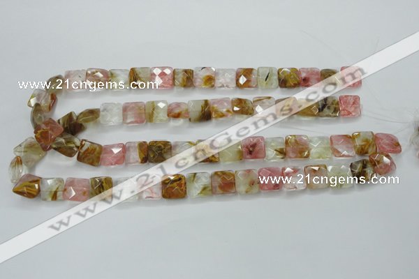 CCY424 15.5 inches 12*12mm faceted square volcano cherry quartz beads