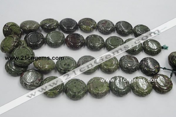 CDB226 15.5 inches 25mm carved coin natural dragon blood jasper beads
