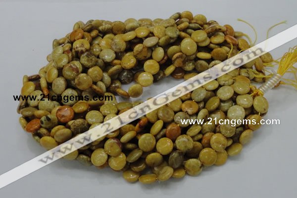 CFA41 15.5 inches 12mm flat round yellow chrysanthemum agate beads