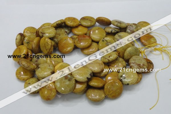 CFA44 15.5 inches 25mm flat round yellow chrysanthemum agate beads