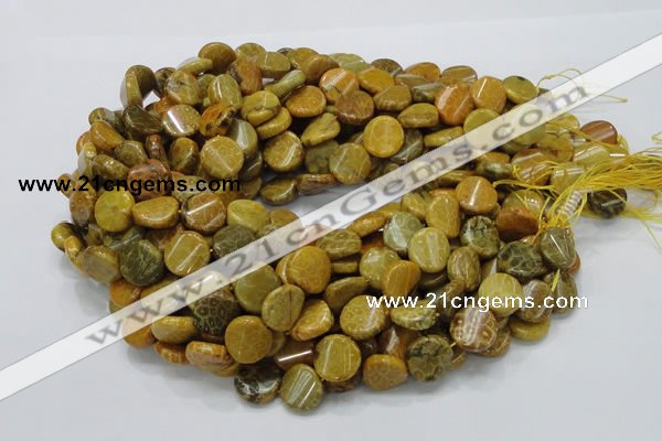 CFA55 15.5 inches 15mm twisted coin yellow chrysanthemum agate beads