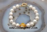 CFB1037 Hand-knotted 9mm - 10mm potato white freshwater pearl & yellow banded agate bracelet