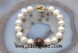 CFB1059 Hand-knotted 9mm - 10mm potato white freshwater pearl & mahogany obsidian bracelet