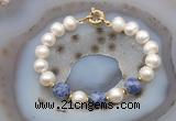 CFB1063 Hand-knotted 9mm - 10mm potato white freshwater pearl & blue spot stone bracelet