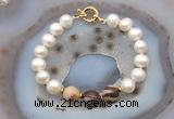 CFB1070 Hand-knotted 9mm - 10mm potato white freshwater pearl & brown zebra jasper bracelet