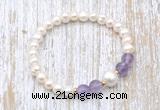 CFB602 6-7mm potato white freshwater pearl & amethyst stretchy bracelet