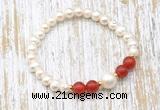 CFB608 6-7mm potato white freshwater pearl & red agate stretchy bracelet