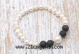 CFB617 6-7mm potato white freshwater pearl & black lava stretchy bracelet