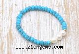 CFB704 faceted rondelle turquoise & potato white freshwater pearl stretchy bracelet