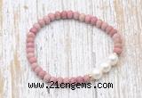 CFB728 faceted rondelle pink wooden jasper & potato white freshwater pearl stretchy bracelet