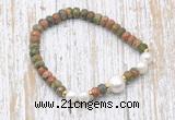 CFB759 faceted rondelle unakite & potato white freshwater pearl stretchy bracelet