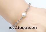 CFB803 4mm faceted round rainbow moonstone & potato white freshwater pearl bracelet