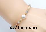 CFB834 4mm faceted round yellow crazy lace agate & potato white freshwater pearl bracelet