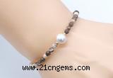 CFB839 4mm faceted round brown zebra jasper & potato white freshwater pearl bracelet