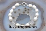 CFB908 Hand-knotted 9mm - 10mm rice white freshwater pearl & white crystal bracelet