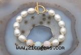 CFB936 Hand-knotted 9mm - 10mm rice white freshwater pearl & morganite bracelet