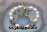 CFB938 Hand-knotted 9mm - 10mm rice white freshwater pearl & labradorite bracelet