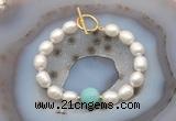 CFB939 Hand-knotted 9mm - 10mm rice white freshwater pearl & amazonite bracelet