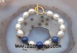 CFB941 Hand-knotted 9mm - 10mm rice white freshwater pearl & lapis lazuli bracelet