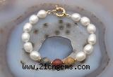 CFB949 Hand-knotted 9mm - 10mm rice white freshwater pearl & picasso jasper bracelet