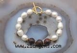 CFB957 Hand-knotted 9mm - 10mm rice white freshwater pearl & mahogany obsidian bracelet