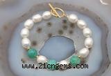 CFB962 Hand-knotted 9mm - 10mm rice white freshwater pearl & peafowl agate bracelet