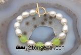 CFB993 Hand-knotted 9mm - 10mm rice white freshwater pearl & candy jade bracelet