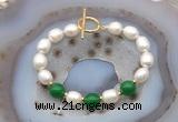 CFB994 Hand-knotted 9mm - 10mm rice white freshwater pearl & candy jade bracelet