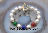 CFB998 Hand-knotted 9mm - 10mm rice white freshwater pearl & colorful candy jade bracelet