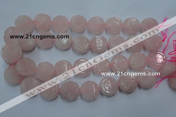 CFG205 15.5 inches 24mm carved coin rose quartz gemstone beads