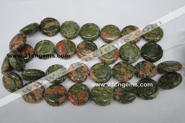 CFG251 15.5 inches 25mm carved coin unakite gemstone beads