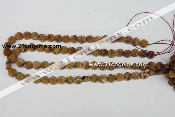 CFG69 15.5 inches 10mm carved flower yellow tiger eye gemstone beads