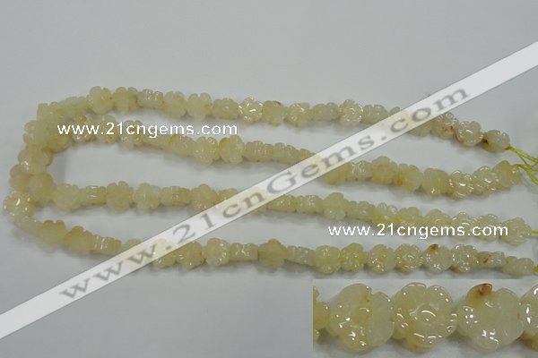 CFG880 15.5 inches 10mm carved flower yellow jade gemstone beads