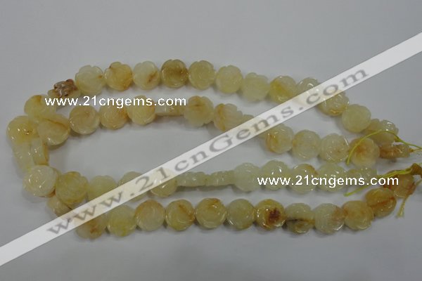 CFG882 15.5 inches 14mm carved flower yellow jade gemstone beads